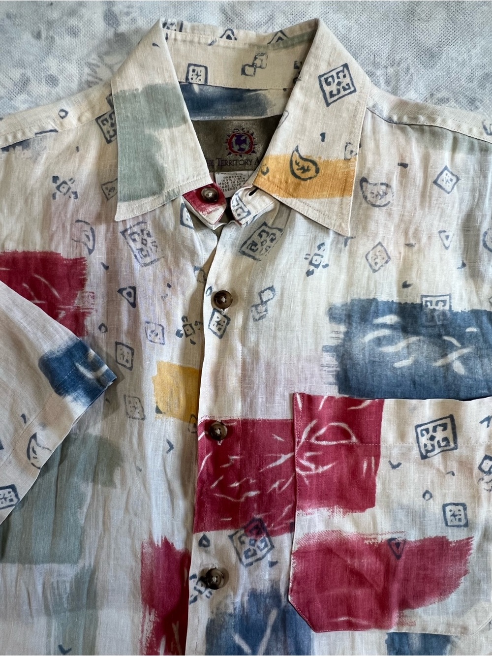 VTG Territory Ahead 100% Linen Button Up Shirt Sz S Geometric Abstract Block 90s